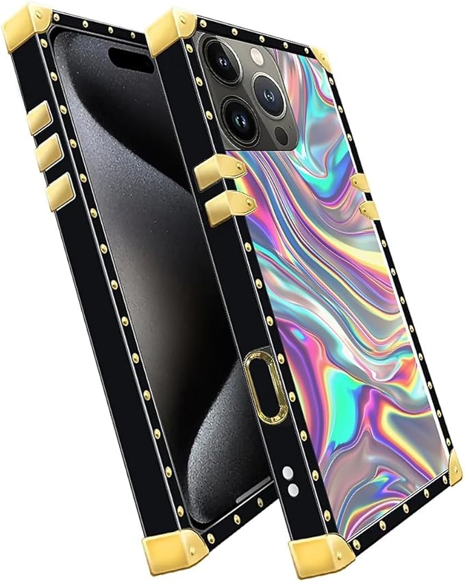 Compatible with iPhone 16 Pro Max Case, Holographic Abstract Iridescent Textures Luxury Golden Decoration for Girl Women Soft TPU Shockproof Protective Hard PC Back