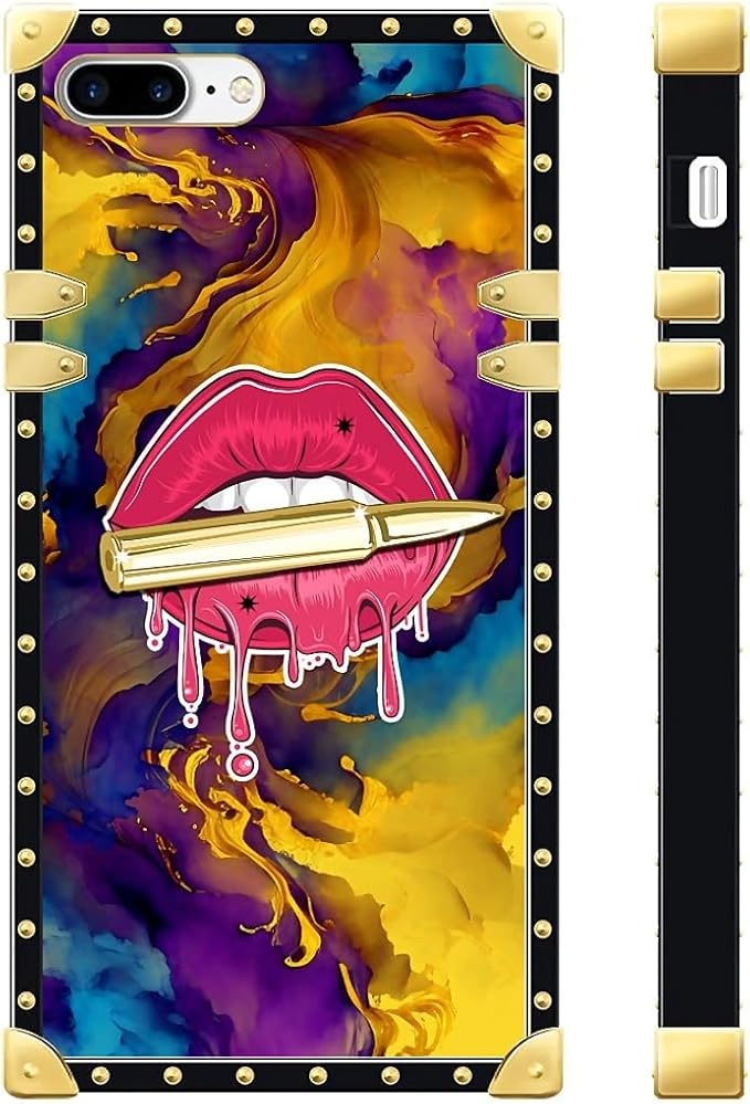 Compatible with iPhone 8 7 SE Case, Cool Corlorful Lip Marble Luxury Golden Decoration for Girl Women Soft TPU Shockproof Protective Hard PC Back for iPhone 8 7 SE