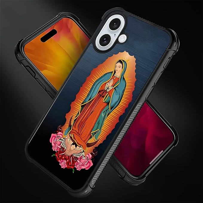for iPhone 16 Plus Case, Red Virgen Guadalupe Pattern Graphic Design Girl Boy Soft Silicone Hard Acrylic Shock Protection for iPhone 16 Plus