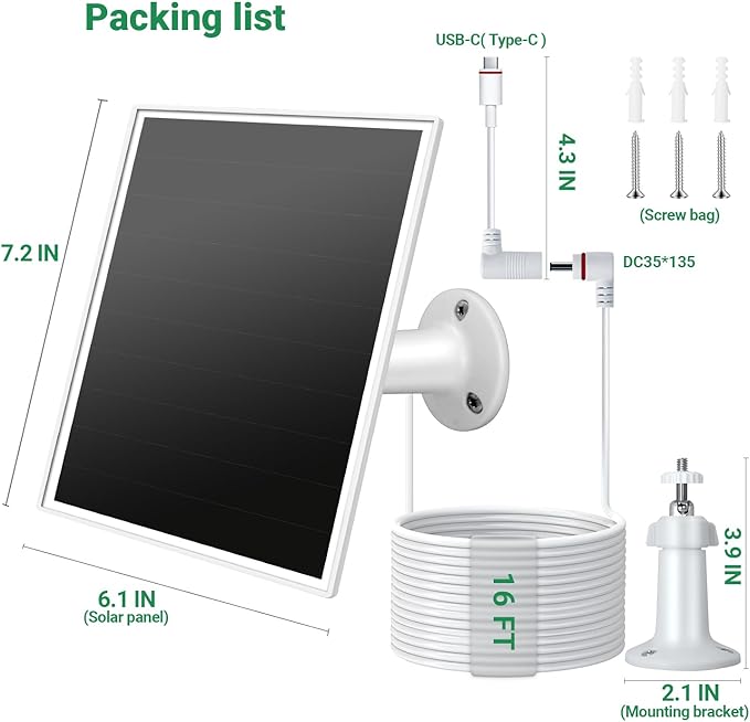 Solar Panel for Ring Camera, 6W Solar Charger with USB-C & Barrel Plug for Ring Stick Up Cam Plus/Pro & Spotlight Cam Battery Series, Waterproof, 16ft Cable, White
