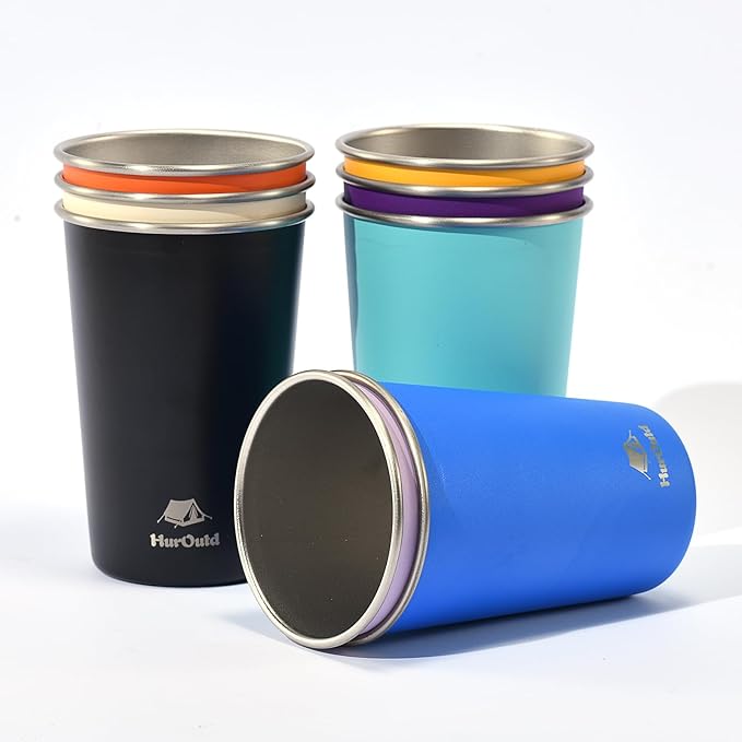 8 Pack Stainless Steel Cups 16oz - Colorful Stackable Metal Drinking Glasses for Camping, Travel, Shatterproof Tumblers