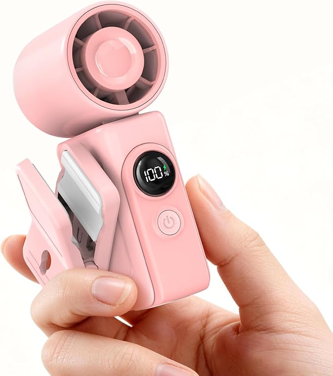 Portable Clip-On Mini Fan, Hands-Free, Turbo Personal Handheld Fans Rechargeable w/ 4 Wind & LED Display, Pocket Size Summer Cooling Essentials for Travel/Eye Lash/Beach/Concert, Gifts for Women(Pink)