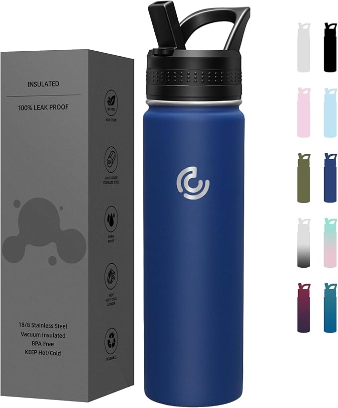 COKTIK 22oz Sports Water Bottle, Stainless Steel Water Bottle for Insulated, Reusable Travel Bottle, With Straw, With Handle Grip for Easy Carrying, Suitable for Cycling, Outdoor Vacations(Cobalt)