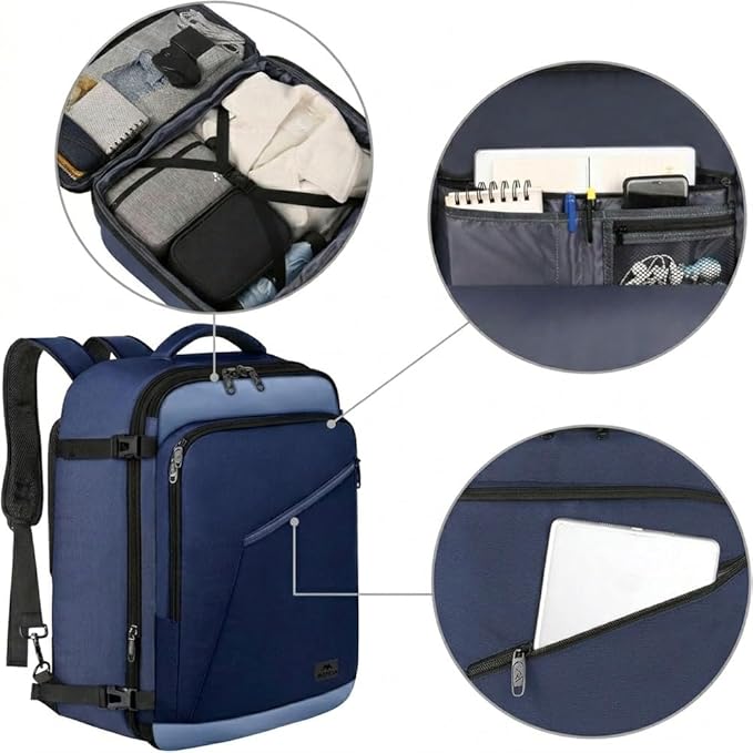 MATEIN Expandable Travel Backpack for Airplanes, Large Capacity Carryon Backpack for Men Women, Water Resistant Airline Approved Bags with Adjustable Shoulder Straps for International Trip, Grey Blue