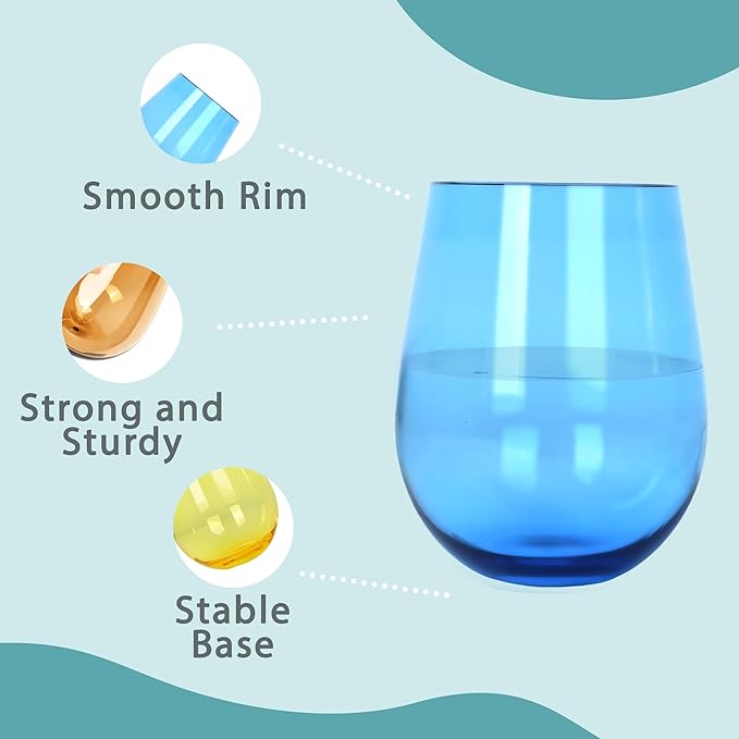 Lily's Home Unbreakable Poolside Acrylic Stemless Wine Glasses and Water Tumblers, Made of Shatterproof Plastic and Ideal for Indoor and Outdoor Use, Reusable. Mixed Colors. 14 Oz. - Set of 4