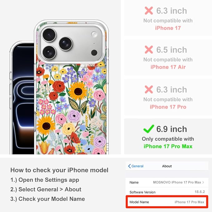 MOSNOVO for iPhone 17 Pro Max Case | Military Grade 6.6ft Drop Tested | Camera Control | Clear with Blossom & Bloom Design
