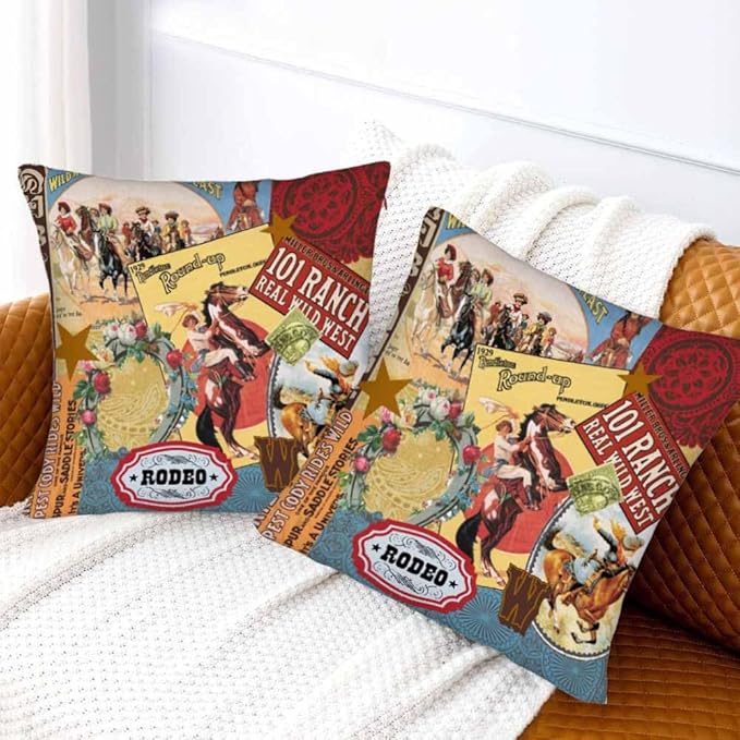Cowgirls Wild West Pillow Covers 18 X 18 Far East Rodeo Round Up Win Ride Horse Race Wreath Cool Set of 2 Pillow Cases Square Outdoor Throw Cushion Pillowcases Decor Home Bed Sofa Couch Hotel