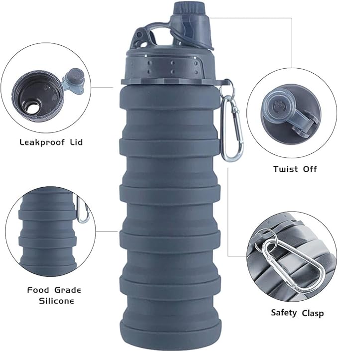 Collapsible Water Bottles 4 PackTravel water bottle Sports Portable Water Bottle Reusable silicone Water Bottles 500ml. (Grey+Purple+Blue+Pink)