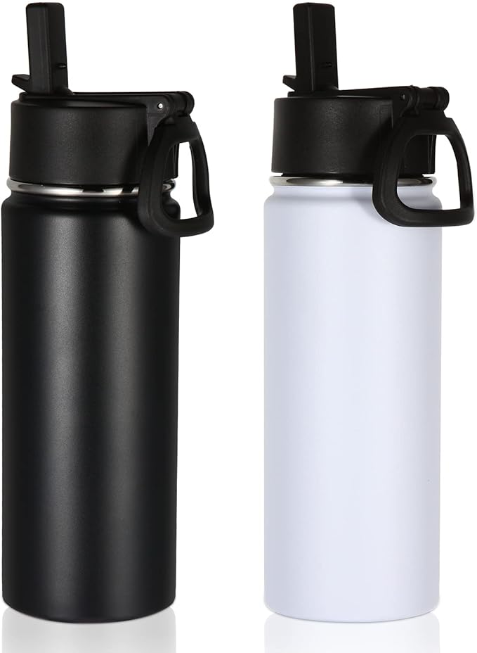 Volhoply 18oz Insulated Water Bottle Bulk 2 Pack,Kids Stainless Steel Water Bottles with Straw,Double Wall Vacuum Metal Water Bottle,Wide Mouth Reusable Sport Flask For Cold Drink(Mix,2 Set)