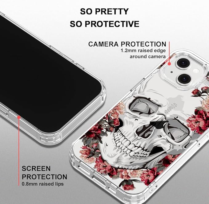 MOSNOVO for iPhone 13/14 Case | Military Grade 6.6ft Drop Tested | Clear with Red Flower Skull Design