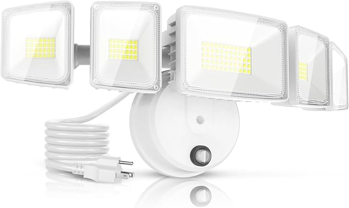 Onforu 150W 15000LM Dusk to Dawn Outdoor Lighting,5 Heads Plug in Flood Lights,6500K Super Bright Automatic White Outdoor Lighting,IP66 Waterproof Hardwired LED Security Lights for Garage,Yard,Outside