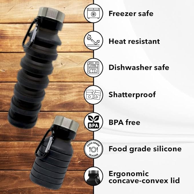 Gadgetime USA Collapsible Water Bottle (Black) - Reusable, BPA Free, Silicone, Foldable Portable & Leak Proof - Water Bottles for Travel Gym Camping Hiking - Sports Water Bottle with Carabiner