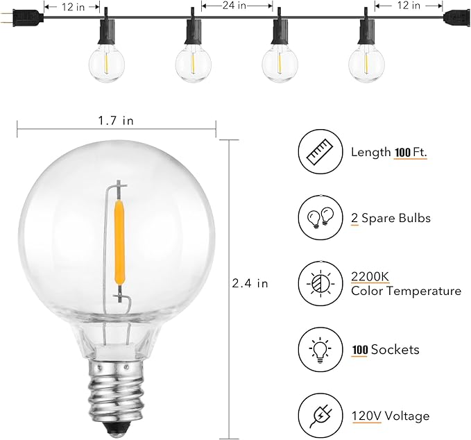 Brightown LED Outdoor String Lights Patio Lights 100FT with 104 LED Bulbs, Shatterproof Weatherproof Commercial Hanging Light for Backyard Bistro Pergola Party Decor, E12 Socket Base, 2200K, Black