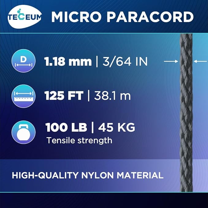 TECEUM Micro Paracord – 1.18 mm X 125 ft – Micro Utility Cord – Thin Braided Paracord Rope – Best for Crafting, DIY Projects, Fishing, Camping – Wind Chime Replacement – Survival Strong String