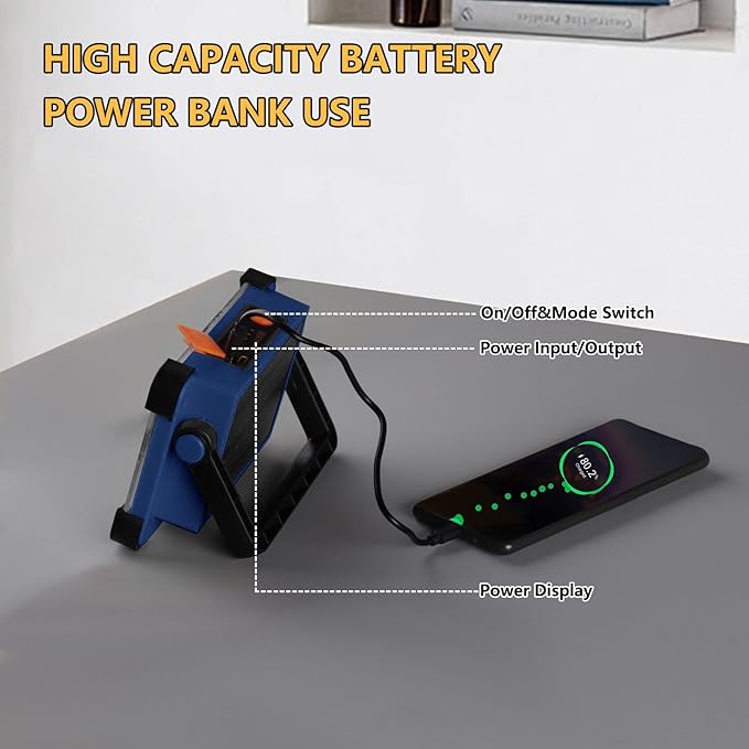 120W Solar Rechargeable Work Light, 144 LED Portable Flood Light with Stand, IP66 Waterproof 4 Modes LED Job Site Lighting Flashlights for Mechanic Camping Fishing Car Repair(Blue 1 Pack)