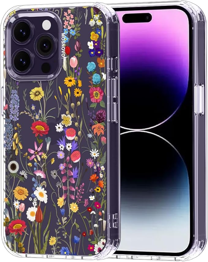 MOSNOVO Case for iPhone 14 Pro Max, [Buffertech 6.6ft Military-Grade Drop Protection] [Anti Peel Off Tech] Clear TPU Bumper Phone Case Cover Design - Wildflower Meadow