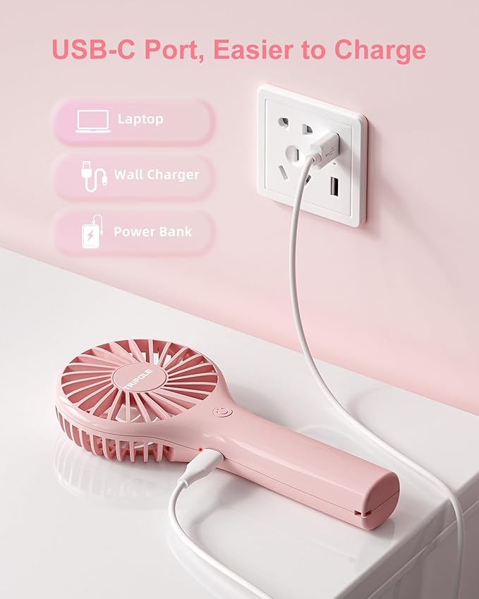TriPole Portable Handheld Fan Mini Personal Fan 3 Speeds, Powerful Little Battery Hand Held Fans for Travel Trip Outdoor Concerts, Cute Small Rechargeable Lash Fans for Makeup Skincare Drying, Pink