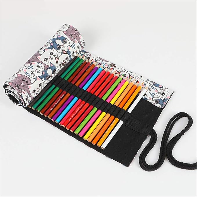 Funny live 24/36/48/72 Slots Colored Pencil Wrap Roll up Pen Holder Case Drawing Coloring Pencil Roll Organizer Stationery Case for Student Artist Traveler (Big-Head Cats, 72 Slots)