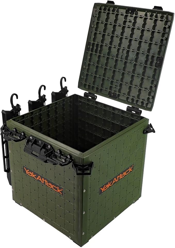 YakAttack BlackPak Pro Kayak Fishing Crate - Ranger Green | 13" x 13" Riggable Kayak Gear Storage System with Hinged Lid, GridLoc Mount Panels & 3 TetherTube Rod Holders | Lightweight Tankwell Crate