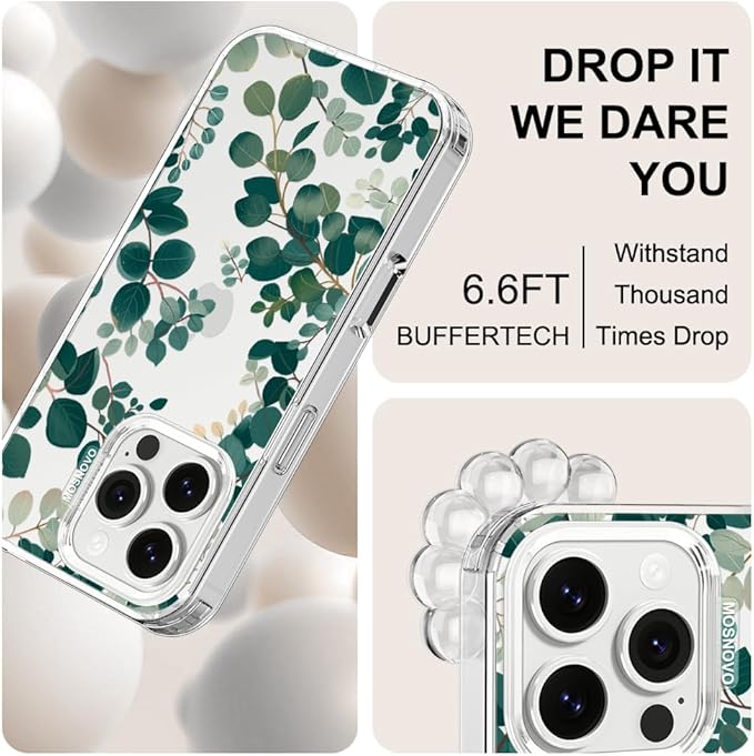 MOSNOVO Case for iPhone 16 Pro, [Buffertech 6.6ft Military-Grade Drop Protection] [Anti Peel Off Tech] Clear TPU Bumper Phone Case Cover Design - Eucalyptus