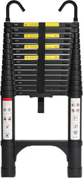 BOCOM 14.5 FT Aluminum Telescoping Ladder with Hooks, Lightweight Multi-Purpose Collapsible Extension with 2 Triangle Stabilizers, Heavy Duty 330 lbs Max Capacity for Home, RV, and Outdoor Work Black