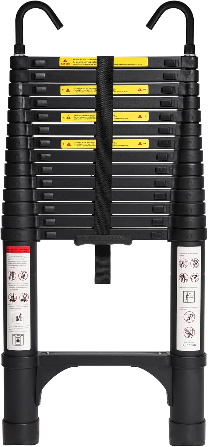 BOCOM 14.5 FT Aluminum Telescoping Ladder with Hooks, Lightweight Multi-Purpose Collapsible Extension with 2 Triangle Stabilizers, Heavy Duty 330 lbs Max Capacity for Home, RV, and Outdoor Work Black