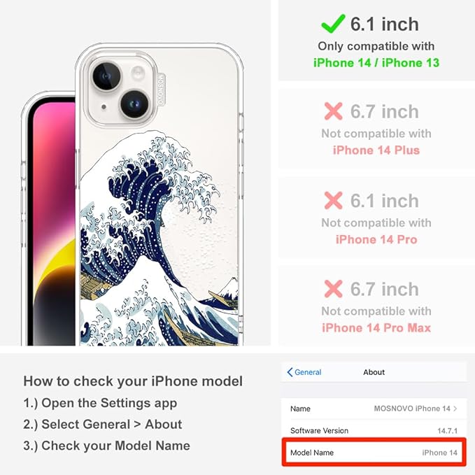 MOSNOVO for iPhone 13/14 Case | Military Grade 6.6ft Drop Tested | Clear with Great Wave Design