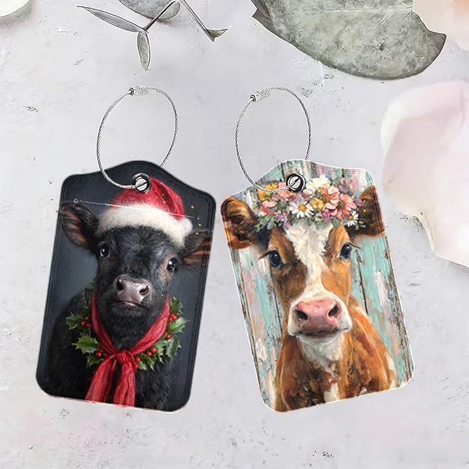 2 Pack Cute Cow Luggage Tags, Floral Cattle & Highland Cow ID Tags with Privacy Cover, PU Leather Bag Identifiers, Spring & Summer Vacation Essentials, Mother's Day