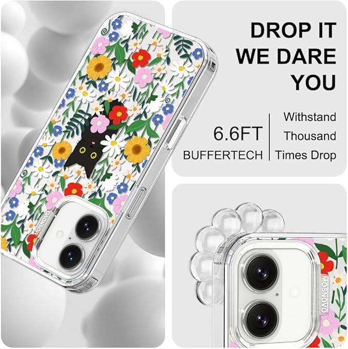 MOSNOVO for iPhone 17 Case | Military Grade 6.6ft Drop Tested | Camera Control | Clear with Black Cat in Garden Design
