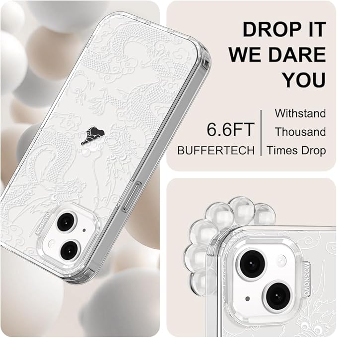 MOSNOVO for iPhone 13/14 Case | Military Grade 6.6ft Drop Tested | Clear with White Dragon Design