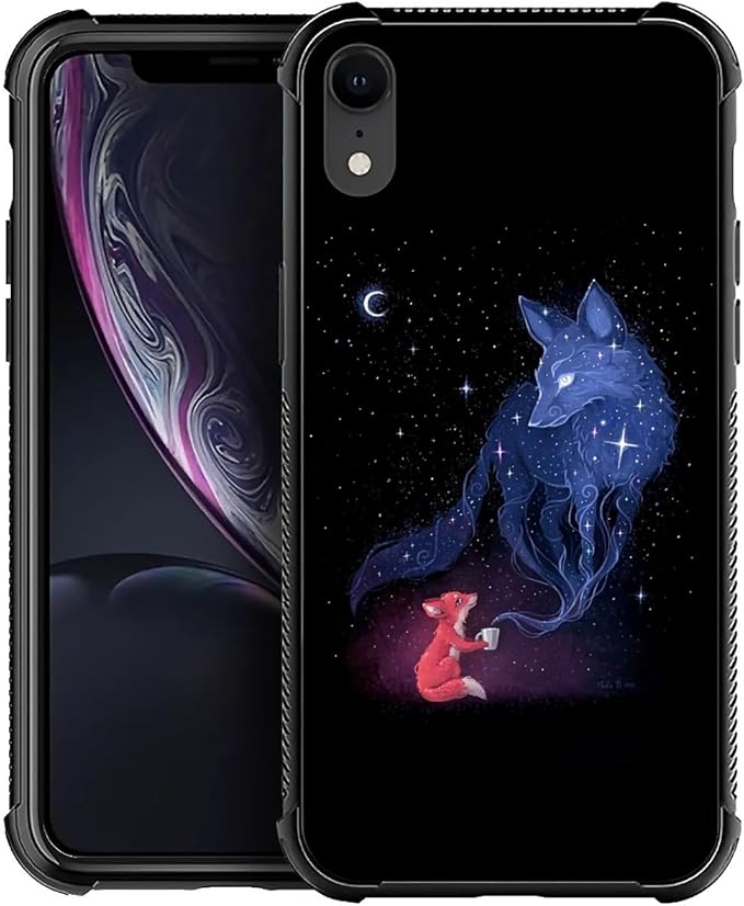 for iPhone XR Case, Galaxy Fox Wolf Pattern Graphic Design Girl Boy Soft Silicone Hard Acrylic Shock Protection for iPhone XR