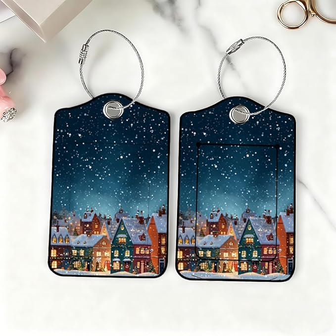 2Pcs Winter Village Luggage Tags for Suitcases, 2.83x4.53 Christmas ID Labels with Privacy Cover, Aesthetic Snowy Town Bag Tags for Backpacks, Holiday Gift for Travelers, Set of 2
