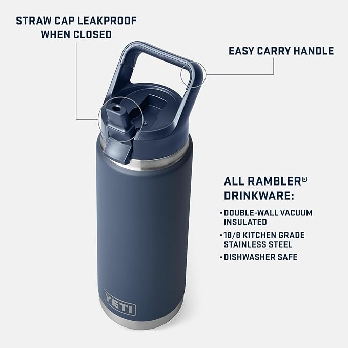 YETI Rambler 26 oz Bottle, Vacuum Insulated, Stainless Steel with Straw Cap, White