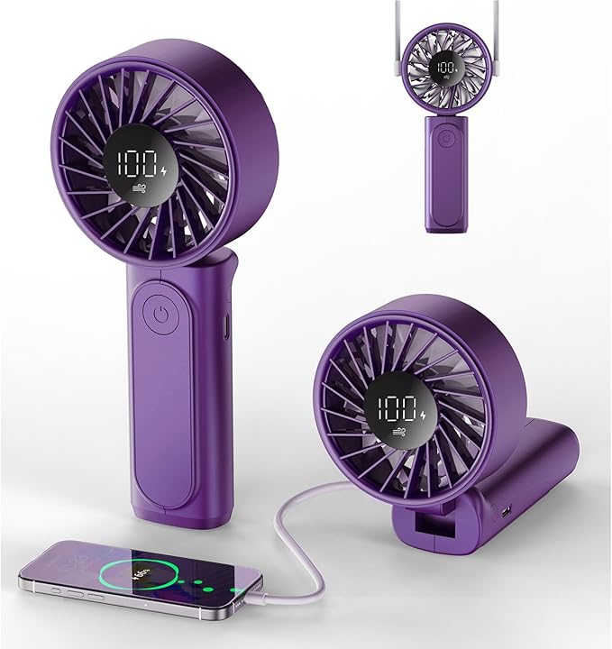 Peiyuu Portable Handheld Fan, 4000mAh, USB Rechargeable 180° Foldable Mini Desk Fan, 6 Wind Speed, LCD Digital Display, Lanyard as Neck Fan, Ultra Quiet, Pocket Size for Indoor Outdoor