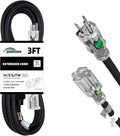 Extension Cord Weatherproof with Lighted End, UL Certified, 14 Gauge 3FT Black 3 Prong Heavy Duty, 14/3 SJTW 15A Power Cord for Lights, Lawn