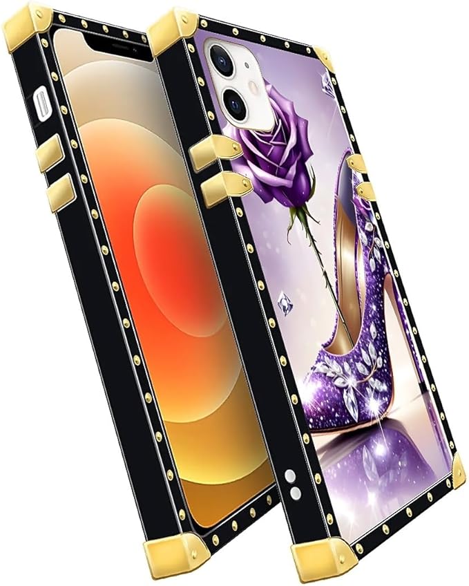 Compatible with iPhone 11 Case, High Heeled Purple Diamond Rose Luxury Golden Decoration for Girl Women Soft TPU Shockproof Protective Hard PC Back for iPhone 11
