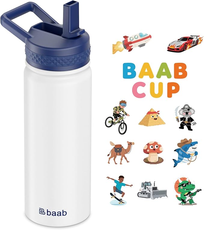 baab 18oz Kids Water Bottle, Insulated Water Bottle with Straw & Stickers, 18/8 Stainless Steel Vacuum Leakproof Kids Water Straw Cup for School, Perfect for Boy Girl (White, 1 Pack)