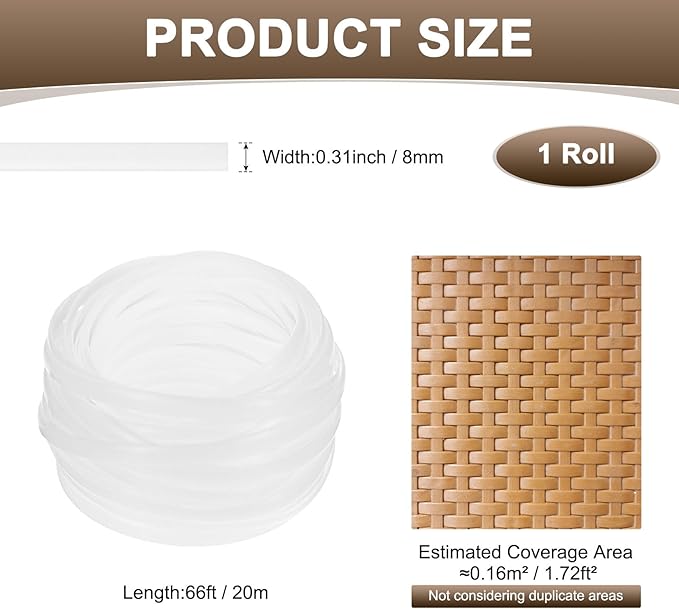 M METERXITY 1-Pack Wicker Repair Kit, 8mm x 66ft/20m Plastic Flat Rattan Replacement Supplies for Patio Furniture Repair/Basket Making/Chair Weaving, Synthetic Woven Rattan [White]