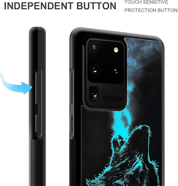 for Samsung Galaxy S20 Ultra Case, Blue Breathing Wolf Pattern Graphic Design Girl Boy Soft Silicone Hard Acrylic Shock Protection for Samsung Galaxy S20 Ultra