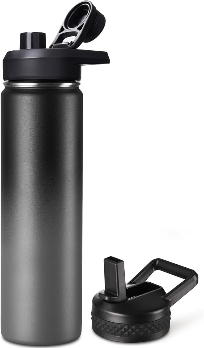 Fijinhom 24 oz Insulated Water Bottle with Handle, 304 Stainless Steel Water Bottles with 2 Lids, Double Wall Vacuum Sports Water Cup with Straw, BPA Free, Keep Cold and Hot, Black/Gray