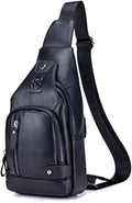Hebetag Leather Sling Bag Casual Daypack for Men Women Outdoor Travel Hiking Camping Fishing Cycling Crossbody Shoulder Chest Pack Pouch Backpack Black