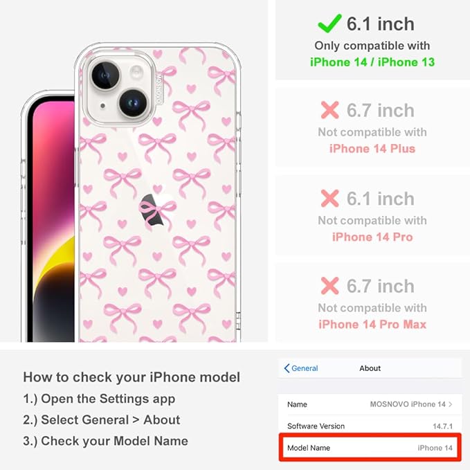 MOSNOVO for iPhone 13/14 Case | Military Grade 6.6ft Drop Tested | Clear with Bowtiful Love Design