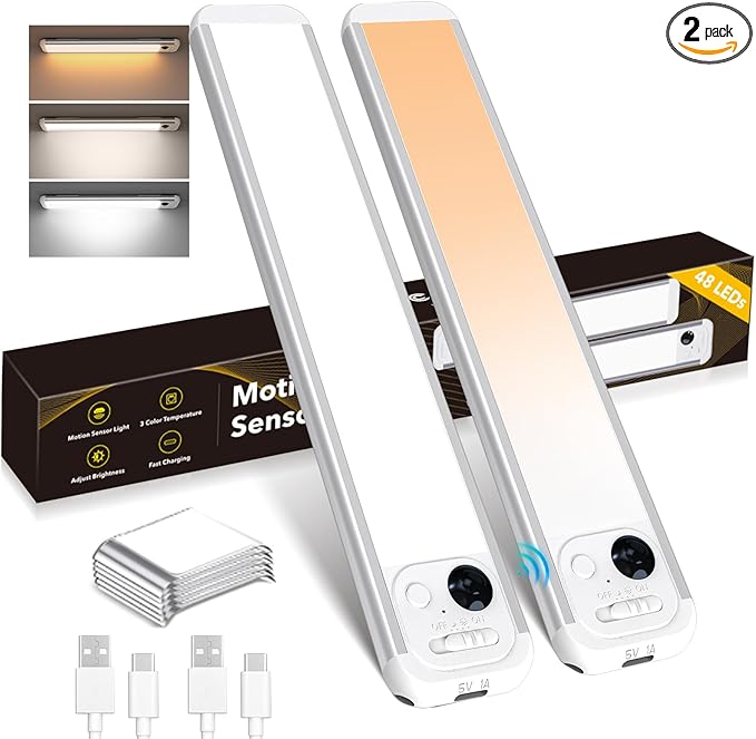 RUIKORING Under Cabinet Lighting, 3 Colors, Motion Sensor Light Indoor, LED Rechargeable Closet Lights Battery Operated, Dimmable Night, Stick-On Magnetic Cabinet Lights for Kitchen Stairs Hallway