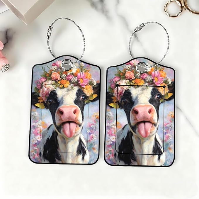 2Pcs Spring Floral Cow Luggage Tags for Suitcases, 2.83x4.53 Cute Farm Animal ID Labels with Privacy Cover, Aesthetic Flower Crown Bag Tags for Backpacks, Mothers Day Travel Gifts, Set of 2