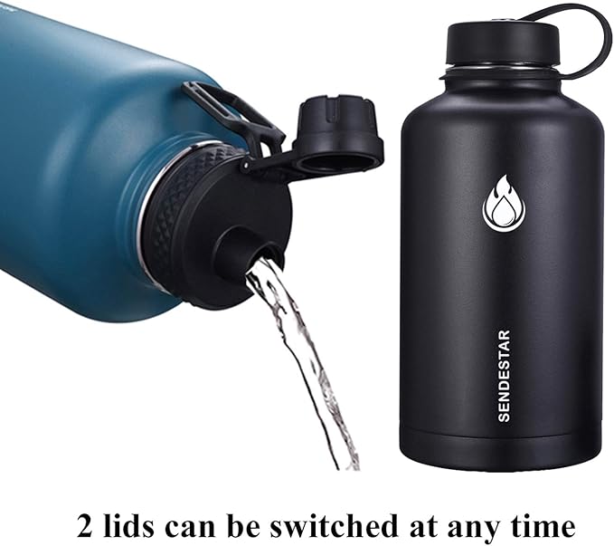 SENDESTAR 64 oz Water Bottle Double Wall Vacuum Insulated Leak Proof Stainless Steel Beer Growler +2 Lids—Wide Mouth with Flat Cap & Spout Lid Includes Water Bottle Pouch (Cobalt)