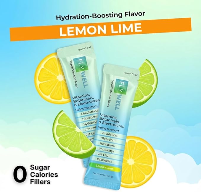 Travel Vitamin Tonic for Flight, Jet Lag, Hydration, Circulation, Digestion & Immune Support, Promotes Calmness, Electrolyte Powder, Travel Essentials, Lemon Lime, 15 Sticks