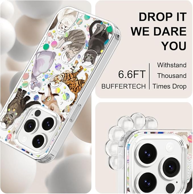 MOSNOVO Case for iPhone 14 Pro, [Buffertech 6.6ft Military-Grade Drop Protection] [Anti Peel Off Tech] Clear TPU Bumper Phone Case Cover Design - Space Cat