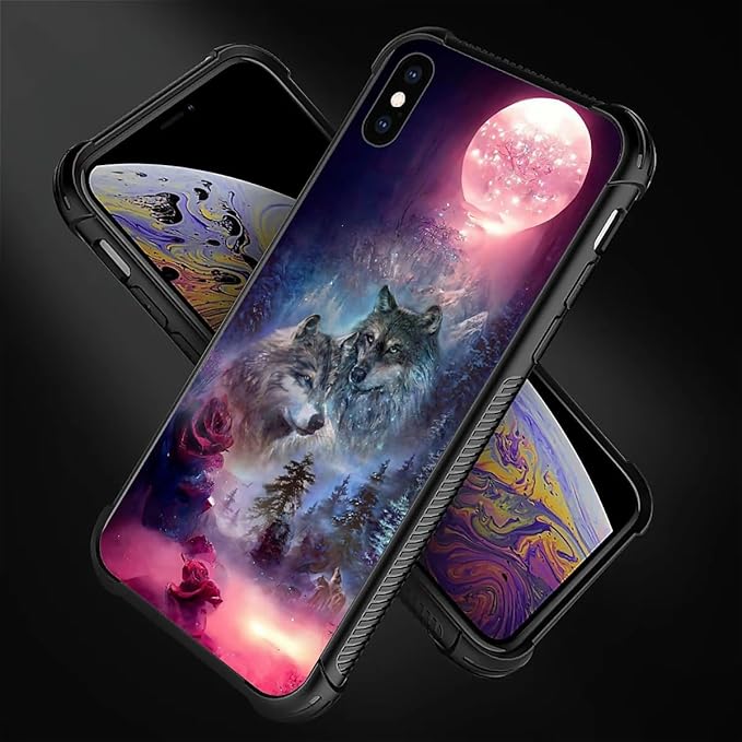 for iPhone Xs Max Case, Star Two Wolfs Howling Pattern Graphic Design Girl Boy Soft Silicone Hard Acrylic Shock Protection for iPhone Xs Max