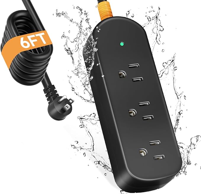 Outdoor Power Strip Weatherproof 6 FT Extension Cord Waterproof Surge Protector Power Strip, 3 AC Outlets, 1625W Overload Protection, for Camping, Home, Office, Garden, FCC UL Listed