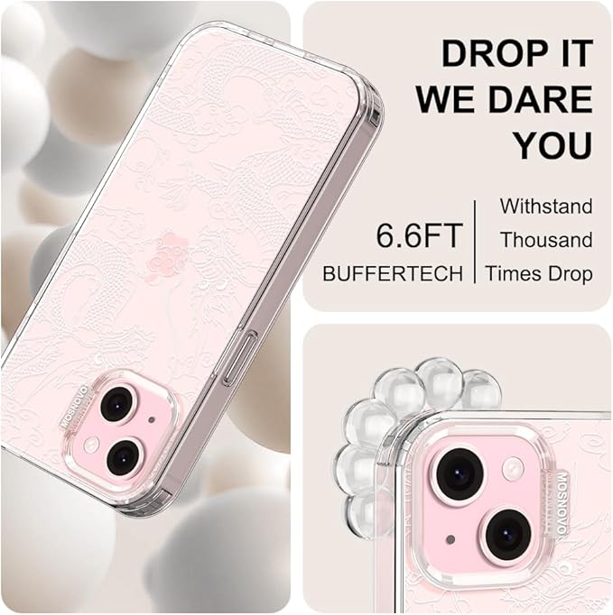 MOSNOVO Case for iPhone 15, [Buffertech 6.6ft Military-Grade Drop Protection] [Anti Peel Off Tech] Clear TPU Bumper Phone Case Cover Design - White Dragon